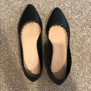 Black flats with scalloped edge and gold dots